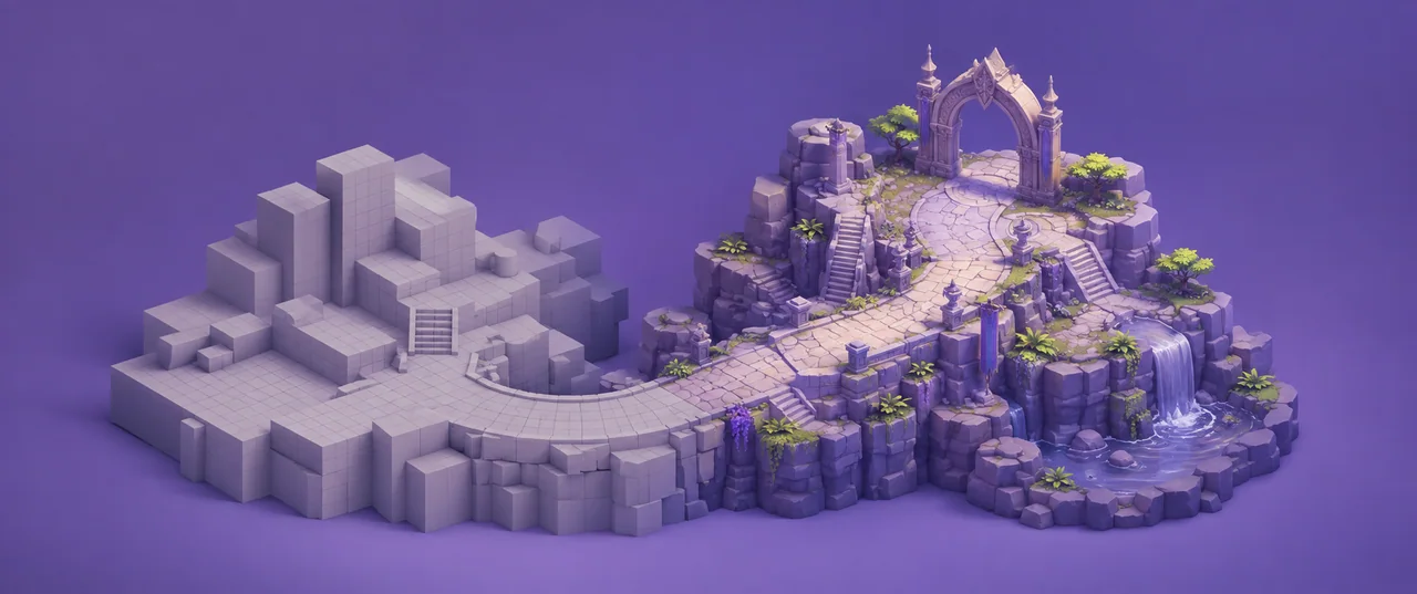 Concept illustration of a greybox game level evolving into a finished fantasy environment