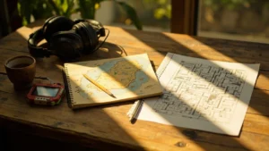 Editorial photo of a GameDev desk with a notebook and a link's awakening walkthrough map for Koholint Island