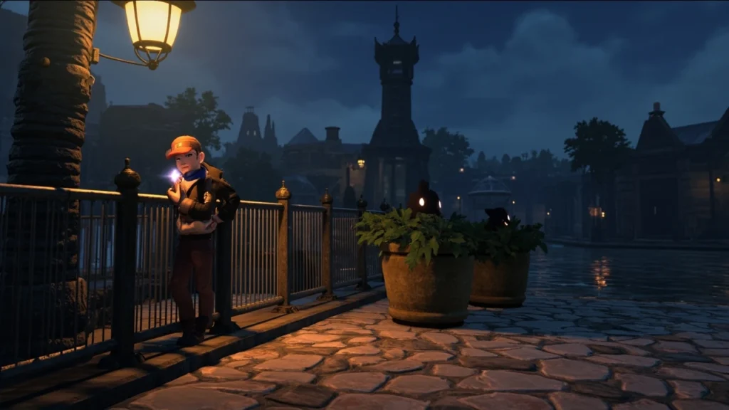 Trainer standing at the fenced entrance of a Wild Zone inside Lumiose City at dusk, observation tower in the background