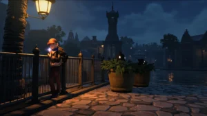 Trainer standing at the fenced entrance of a Wild Zone inside Lumiose City at dusk, observation tower in the background
