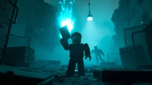 Roblox character redeeming Hunty Zombies codes in a dark arena
