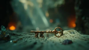 Editorial illustration of a corroded key in a silk-threaded cavern representing the apostate key silksong topic