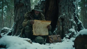 Hunter reading a hand-drawn poisonous trail map 2 in a snowy Red Dead Redemption 2 forest