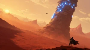 Hero render of the spire of soaring crimson desert piercing a red Hernan sky