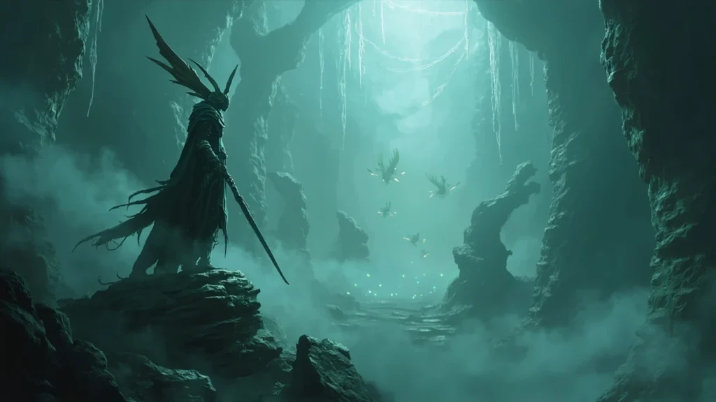 Silksong the mist region with hornet exploring a fog-bound cavern