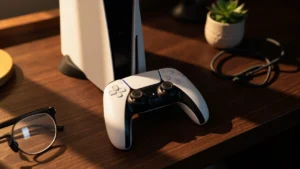 A white PS5 DualSense controller resting on a dark desk next to a vertically standing PS5 console, illustrating a best PS5 controller pick