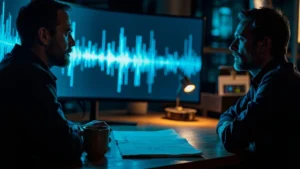 Writer and audio director reviewing the well well well Hogwarts Legacy dialogue scene in an editing suite