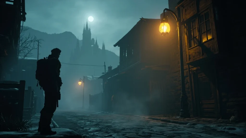 Resident Evil Village walkthrough hero image of a foggy village street at night