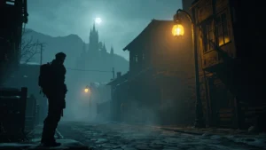 Resident Evil Village walkthrough hero image of a foggy village street at night