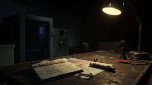 A player checking notes and a key on a desk for a re3 safe code puzzle