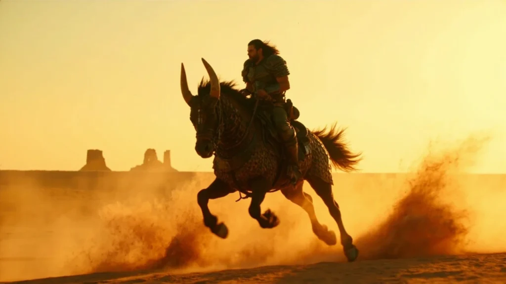 A rider on a legendary armored war beast crossing the desert plains in Crimson Desert
