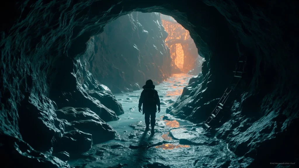 Seafoam Islands Fire Red cave entrance illustration with icy floors and a trainer approaching the ladder