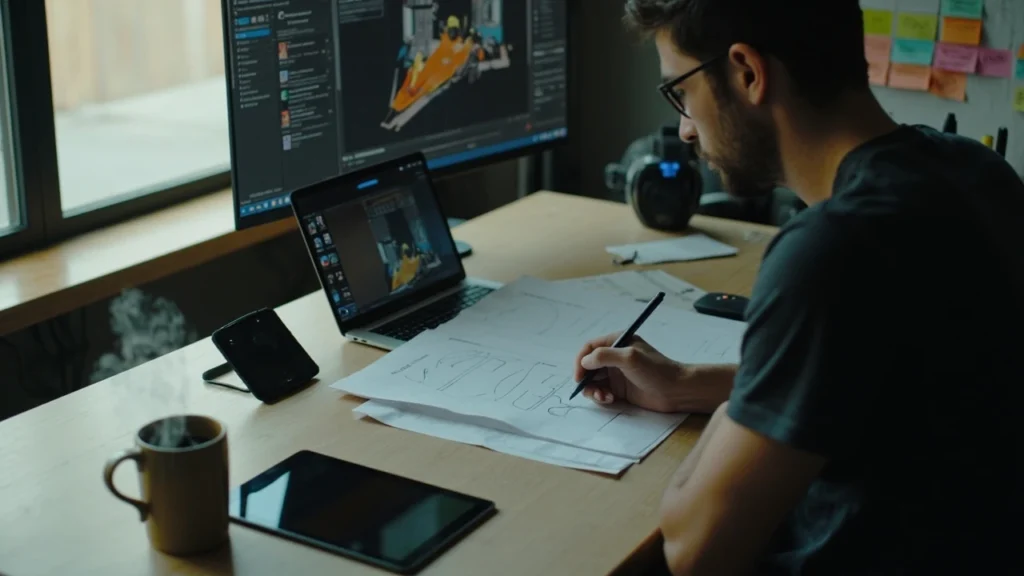 Developer reviewing a game app development services workflow on a laptop