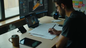 Developer reviewing a game app development services workflow on a laptop