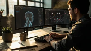 NFT game developers collaborating at a workstation