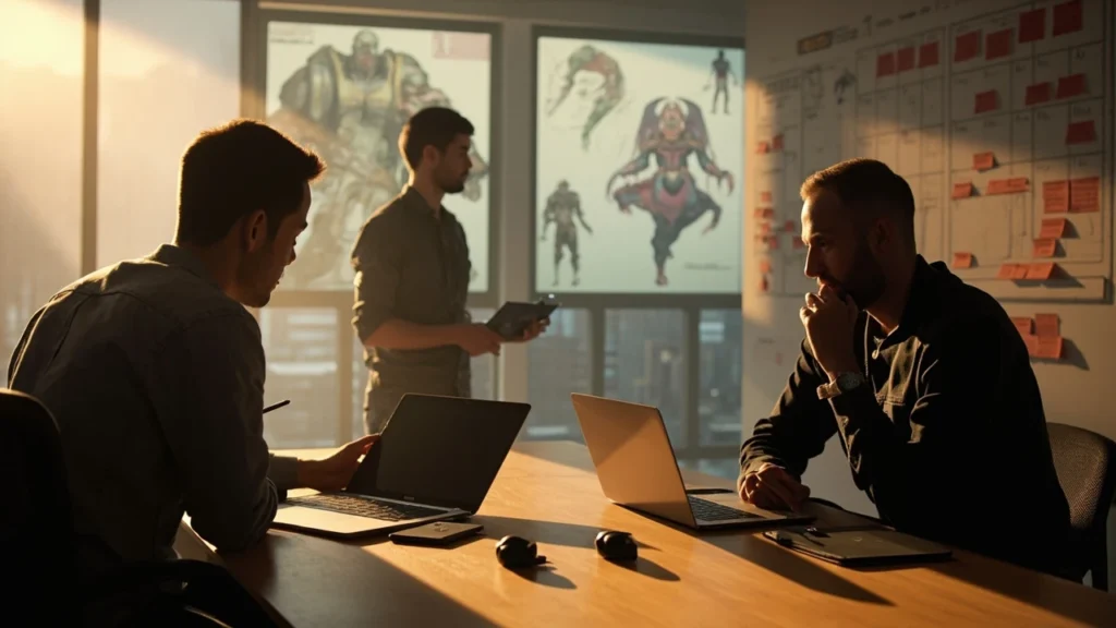 A game art company lead reviewing 3D character concepts on a workstation