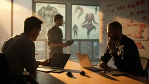 A game art company lead reviewing 3D character concepts on a workstation