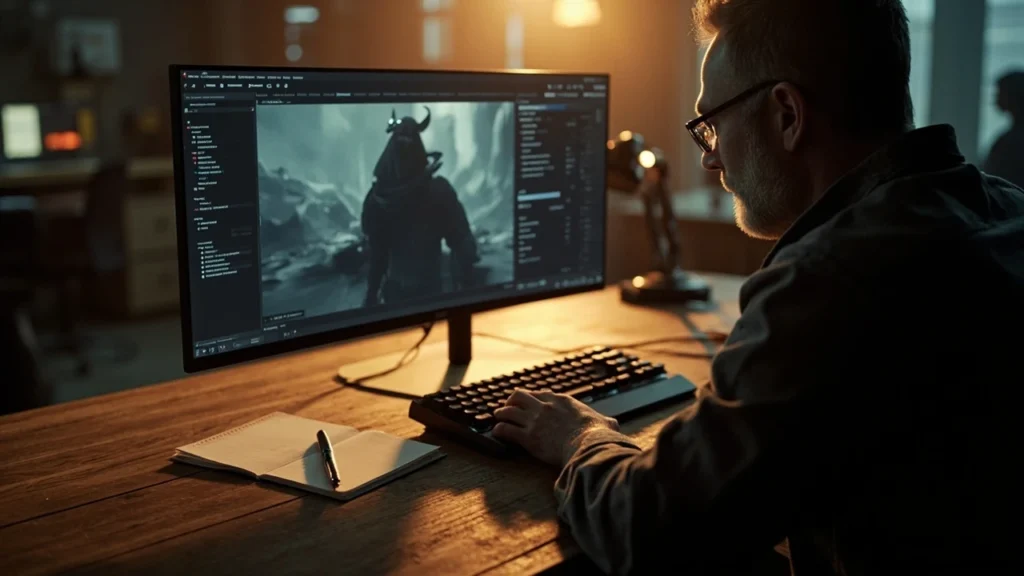 Editor reviewing Unreal game development services milestone plan on a studio monitor