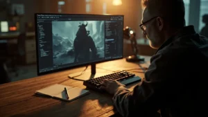 Editor reviewing Unreal game development services milestone plan on a studio monitor