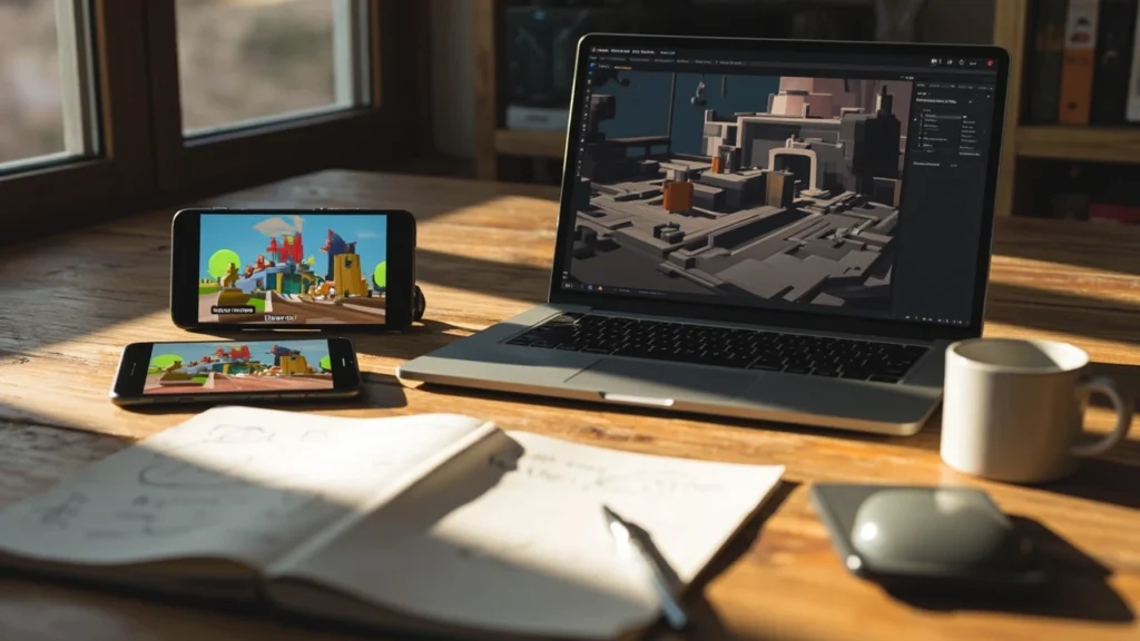 Mobile game development production workspace with a phone, tablet, and engine viewport on a desk