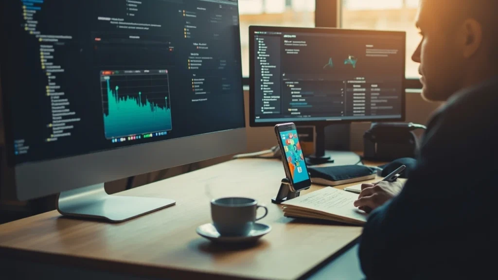 Developer reviewing iPhone game build in Xcode on a desk
