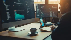 Developer reviewing iPhone game build in Xcode on a desk
