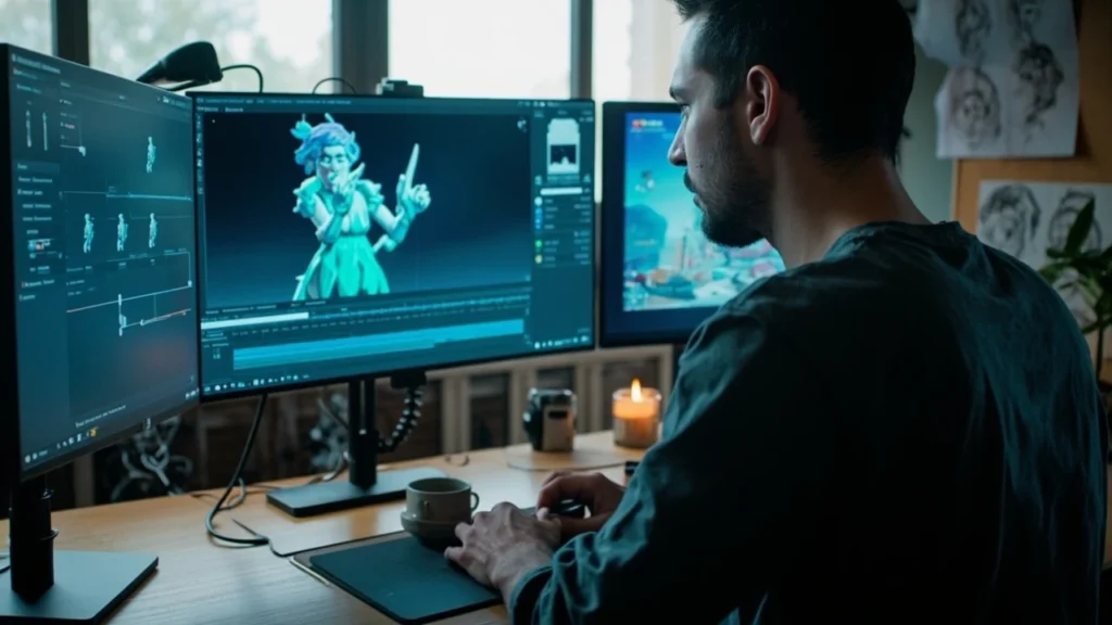3D animation agency artist rigging a character model for a game production pipeline